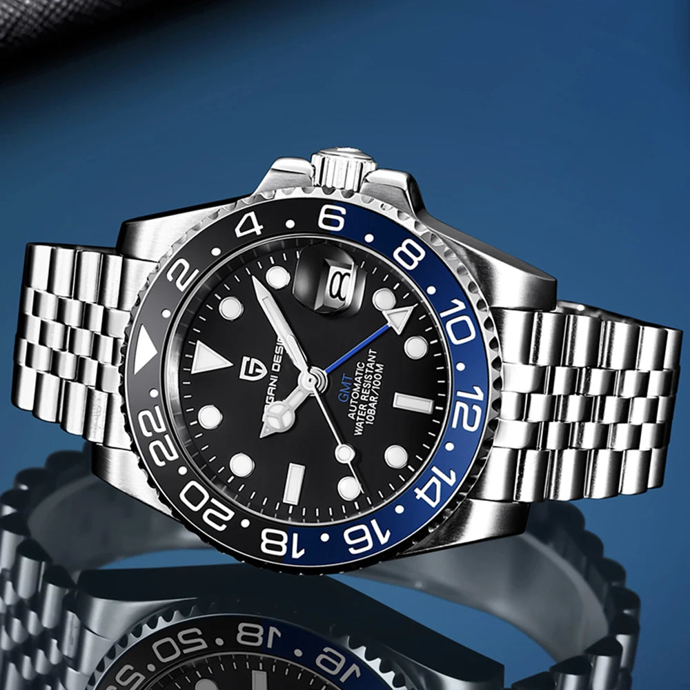 Discover the PAGANI DESIGN Men’s Automatic GMT Watch — sapphire crystal, ceramic bezel, 10ATM waterproof, and self-winding precision. A luxury timepiece built for performance, travel, and timeless style.