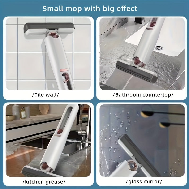 Small mop with various cleaning applications on tiled walls, bathroom countertops, kitchen grease, and glass mirrors.