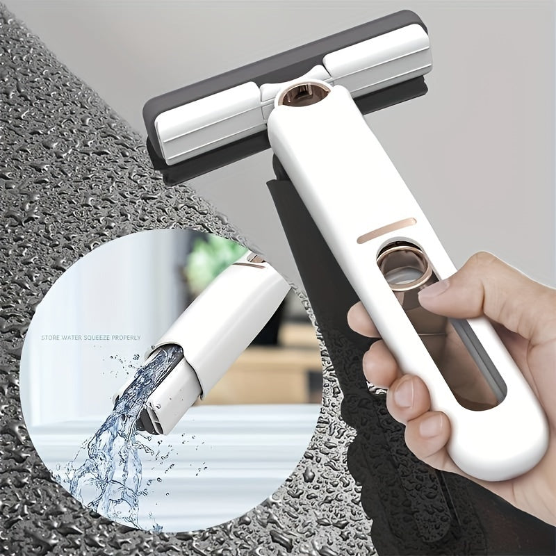 Hand holding a window cleaning tool with close-up inset showing water flow.