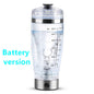  An automatic electric shaker bottle in a stainless steel finish, displayed with icons indicating its suitability for making protein shakes, energy drinks, diet drinks, juices, and baby formula.