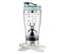 An automatic electric shaker bottle in a stainless steel finish, displayed with icons indicating its suitability for making protein shakes, energy drinks, diet drinks, juices, and baby formula.