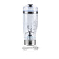 An automatic electric shaker bottle in a stainless steel finish, displayed with icons indicating its suitability for making protein shakes, energy drinks, diet drinks, juices, and baby formula.